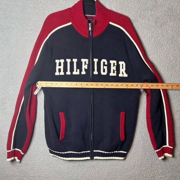 Tommy Hilfiger Sweater Mens‎ Large Blue Red Embroidered Spell Out Full Zip VTG - Picture 9 of 13